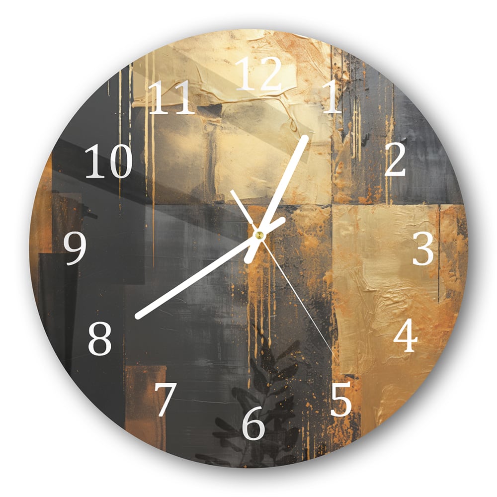 Wanduhr Rund - Gold/Schwarz abstraktes Gemälde