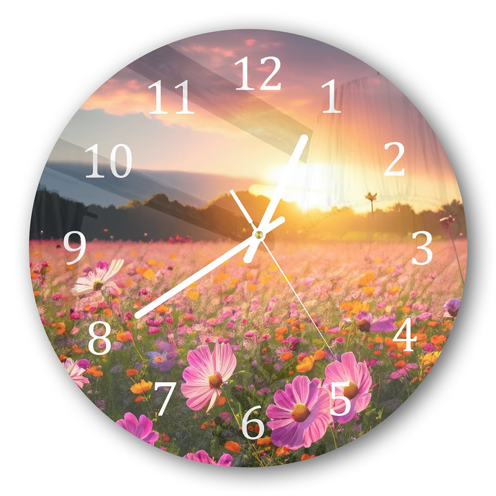 Wanduhr Rund - Sommerblumen bei Sonnenuntergang