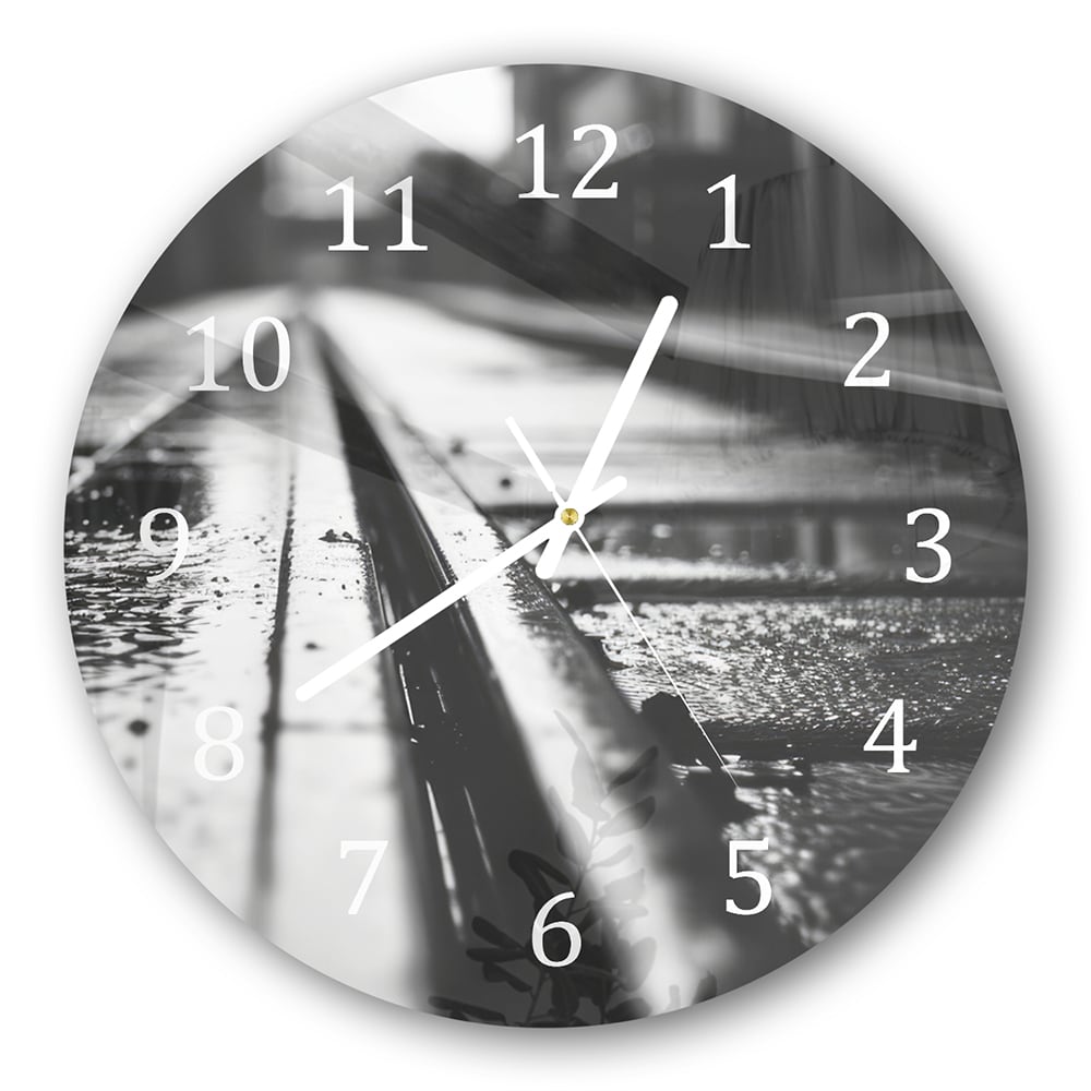 Wanduhr Rund - Schwarz-weiß Bahngleis