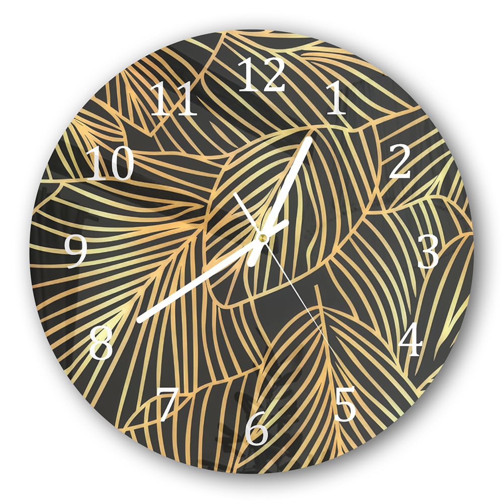 Wanduhr Rund - Goldene Blätter auf Schwarz
