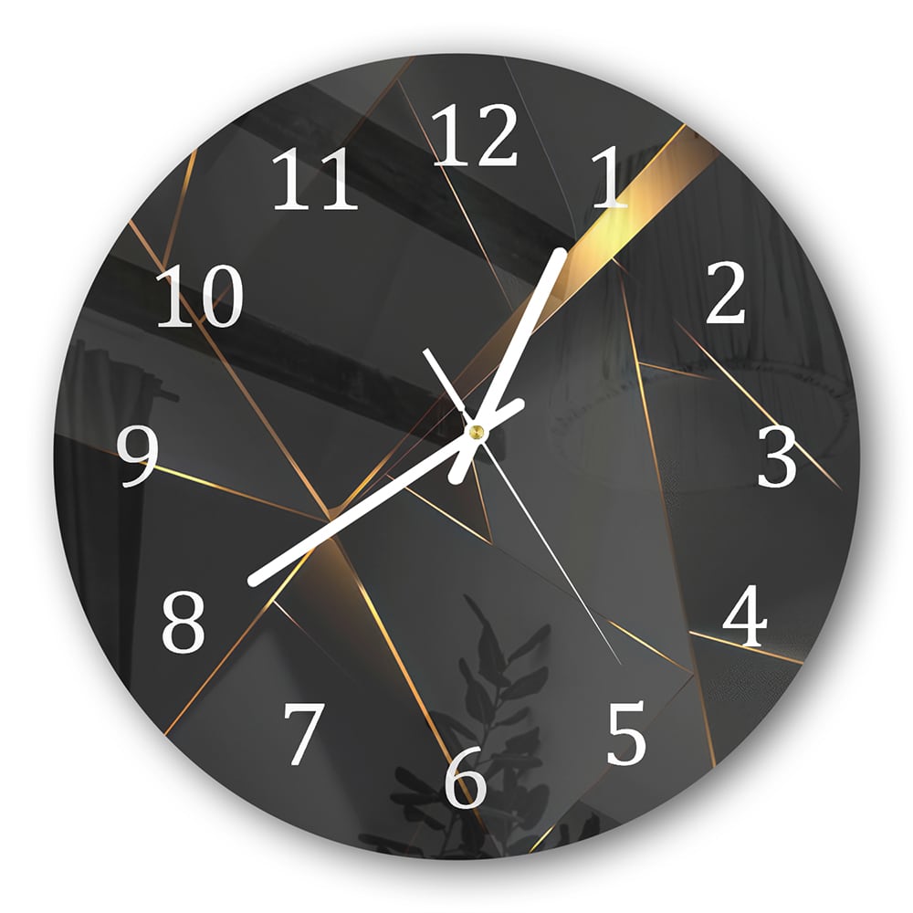 Wanduhr Rund - Goldene Linien auf schwarzer Geometrie