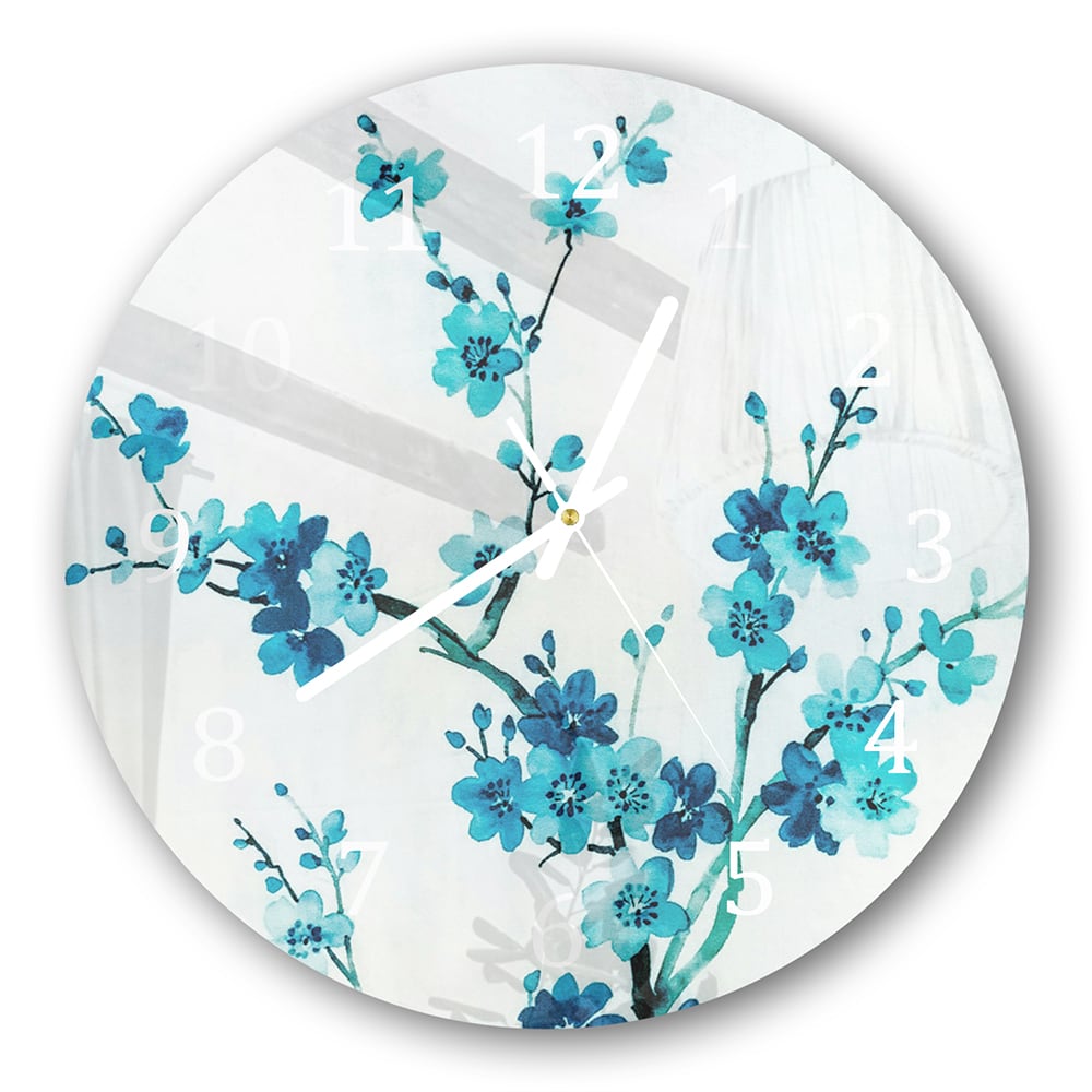 Wanduhr Rund - Aquarellmalerei blaue Blumen