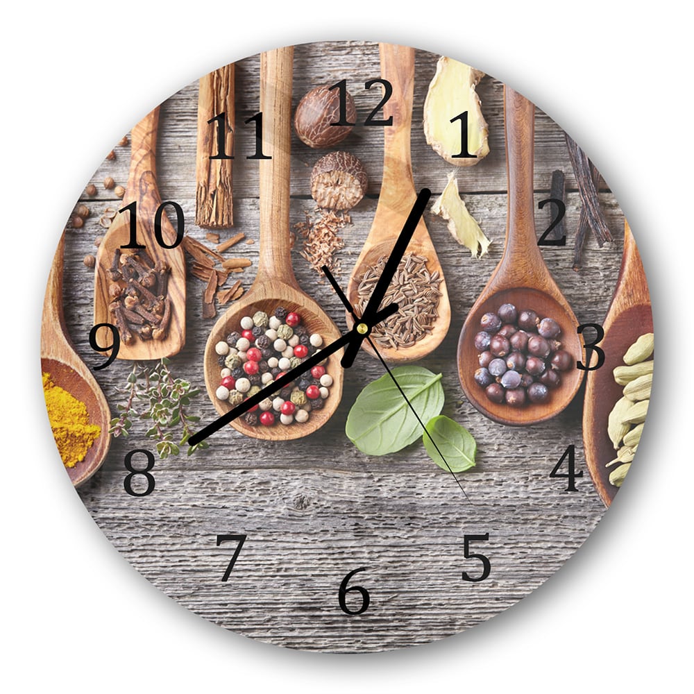 Wanduhr Rund - Holzlöffel mit Kräutern