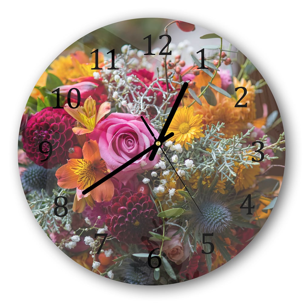 Wanduhr Rund - Bunter Blumenstrauß