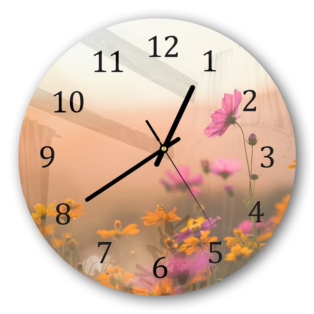 Wanduhr Rund - Bunte Blumen bei Sonnenuntergang