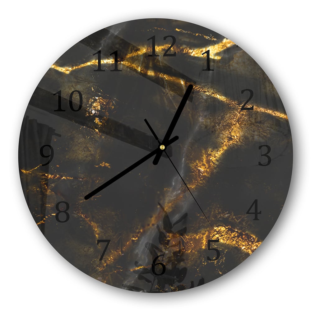 Wanduhr Rund - Goldene Adern auf schwarzem Marmor
