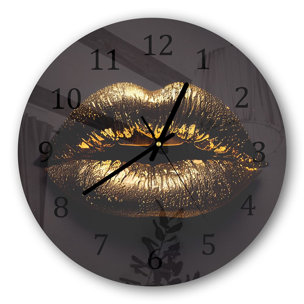 Wanduhr Rund - Goldene Lippen auf schwarzem Hintergrund