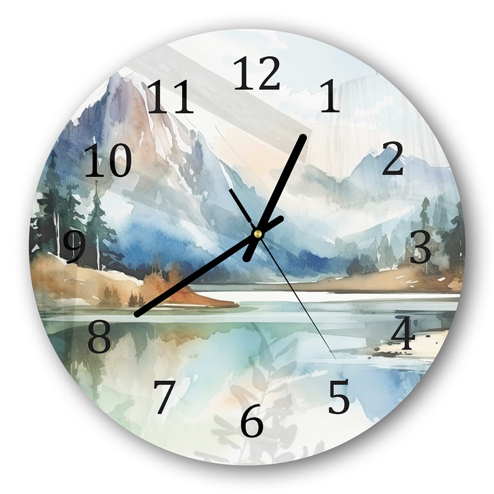 Wanduhr Rund - Aquarell-Landschaftsgemälde mit Bergen