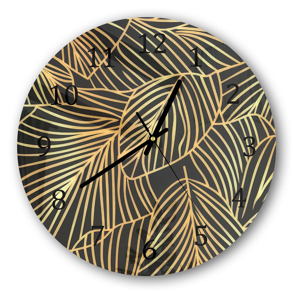 Wanduhr Rund - Goldene Blätter auf Schwarz