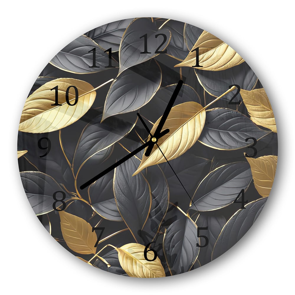 Wanduhr Rund - Gold-Schwarz-Blattmuster