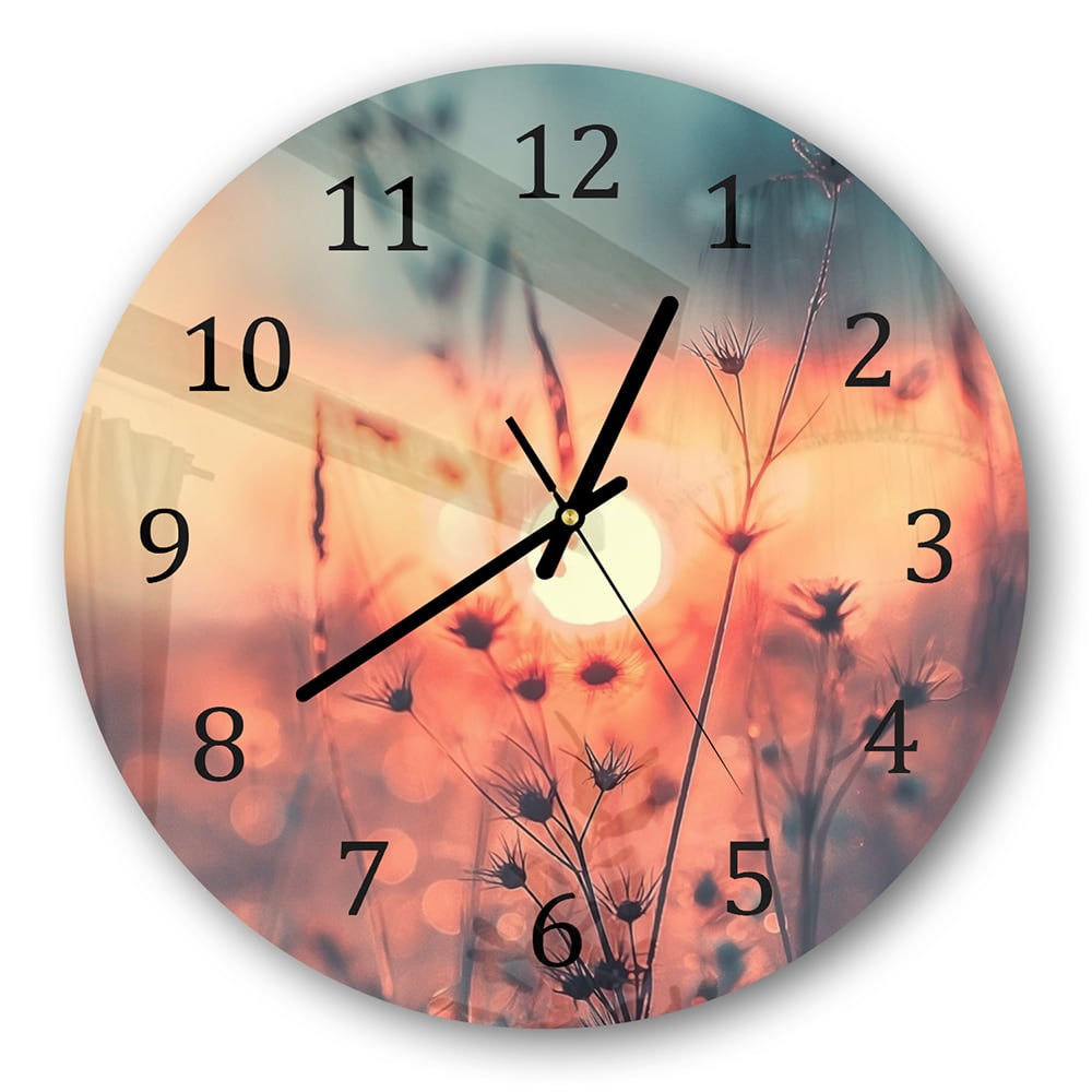 Wanduhr Rund - Sonnenaufgang über dem Blumenfeld