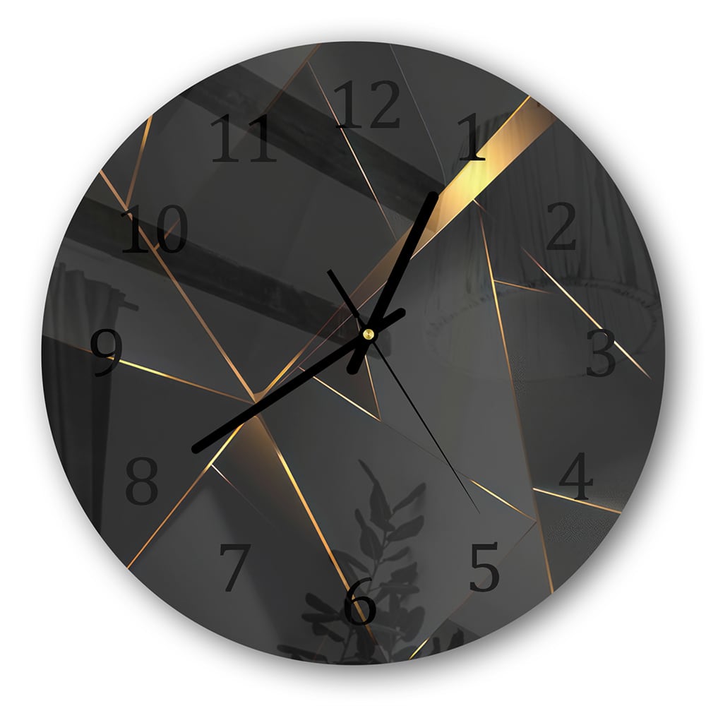 Wanduhr Rund - Goldene Linien auf schwarzer Geometrie