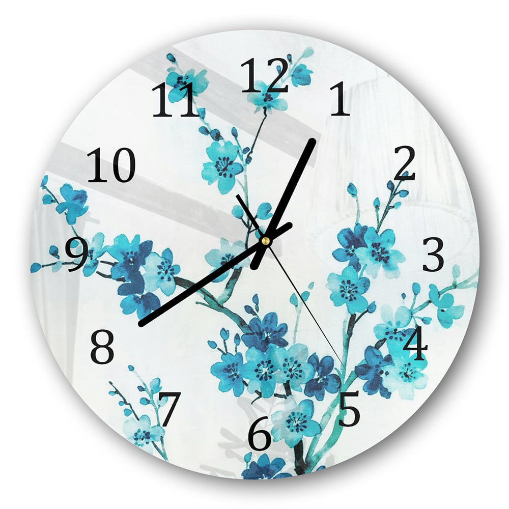 Wanduhr Rund - Aquarellmalerei blaue Blumen