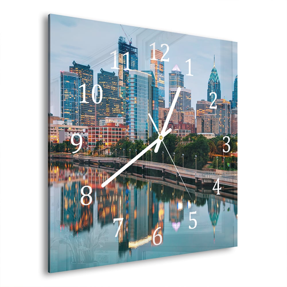 Wanduhr 30x30 - Philadelphia Skyline bei Nacht