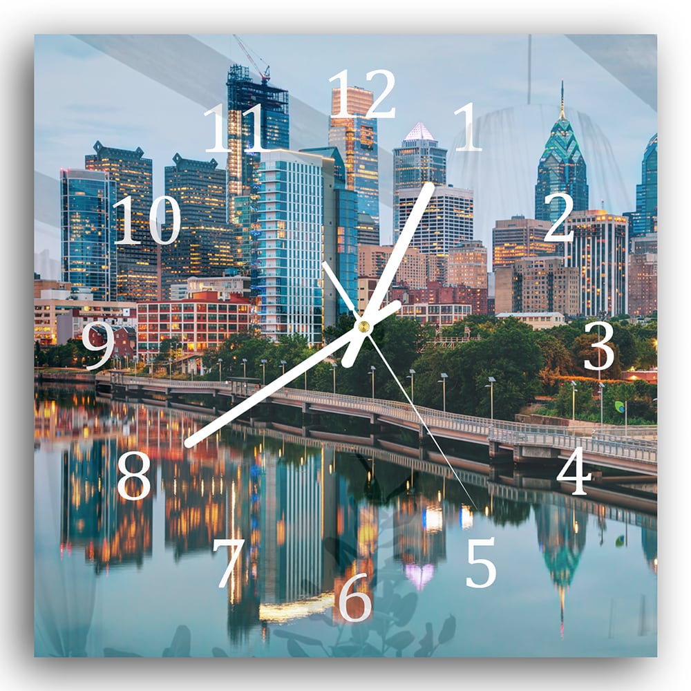 Wanduhr 30x30 - Philadelphia Skyline bei Nacht
