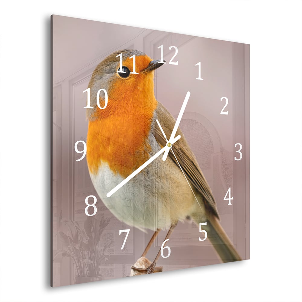 Wanduhr 30x30 - Rotkehlchen auf Zweig