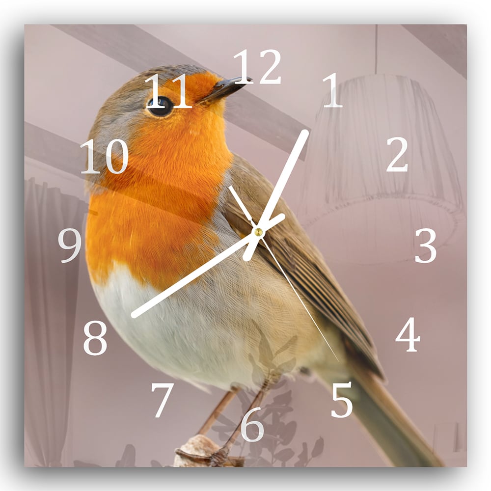 Wanduhr 30x30 - Rotkehlchen auf Zweig