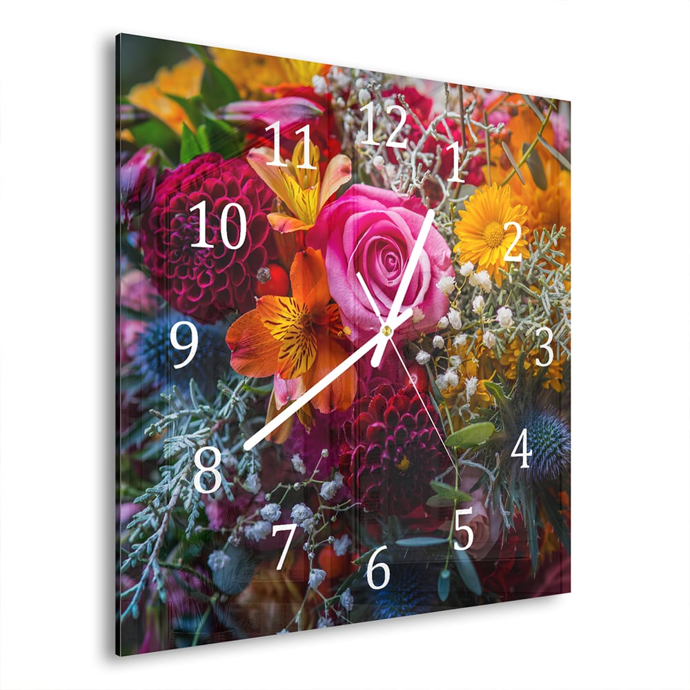 Wanduhr 30x30 - Lebendiger Blumenstrauß
