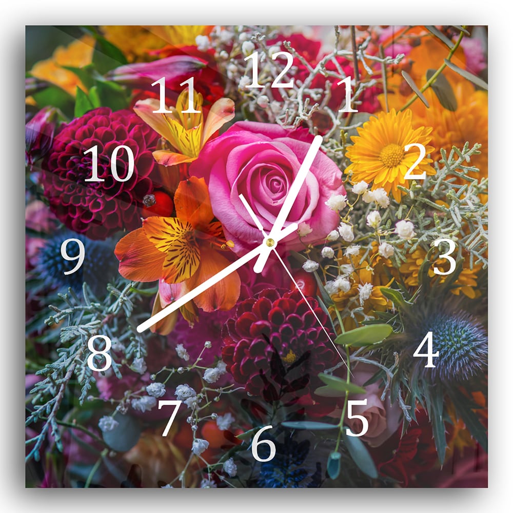 Wanduhr 30x30 - Lebendiger Blumenstrauß