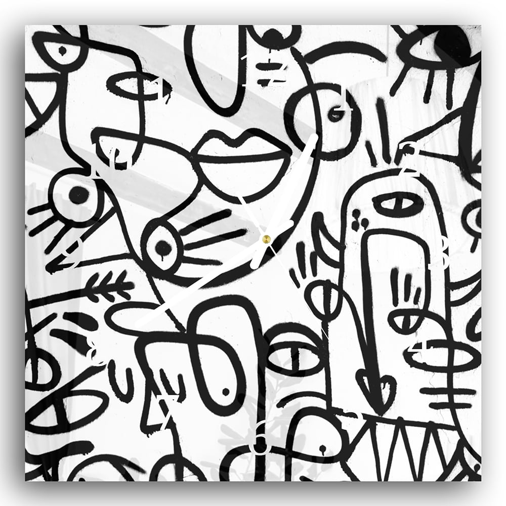 Wanduhr 30x30 - Schwarz-Weiß-Graffiti-Muster
