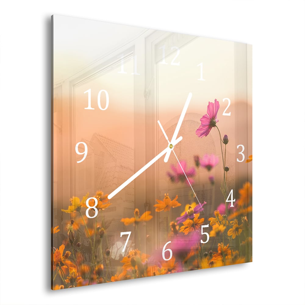 Wanduhr 30x30 - Bunte Blumen bei Sonnenuntergang