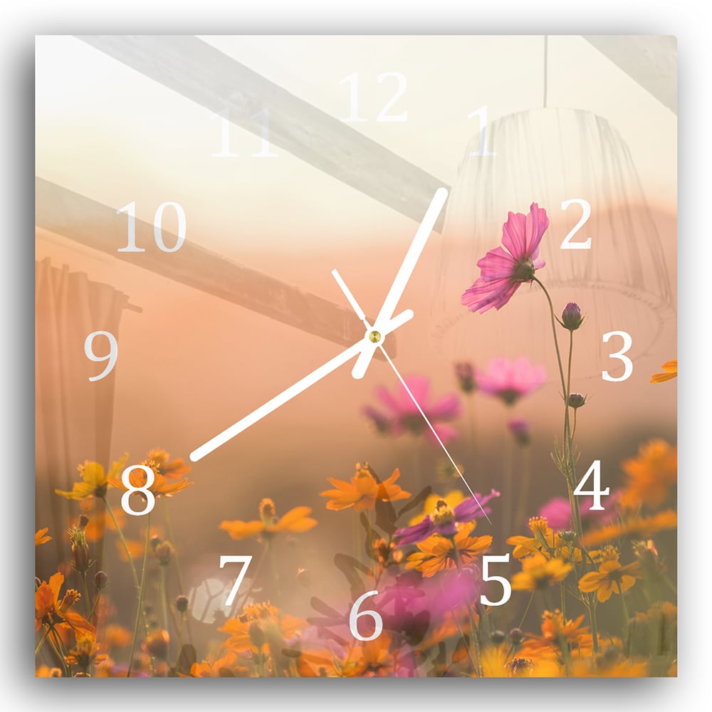 Wanduhr 30x30 - Bunte Blumen bei Sonnenuntergang