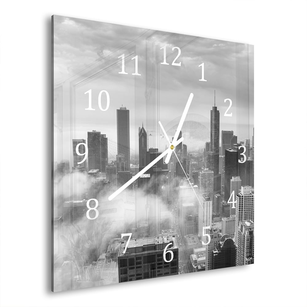 Wanduhr 30x30 - Chicago Skyline im Nebel