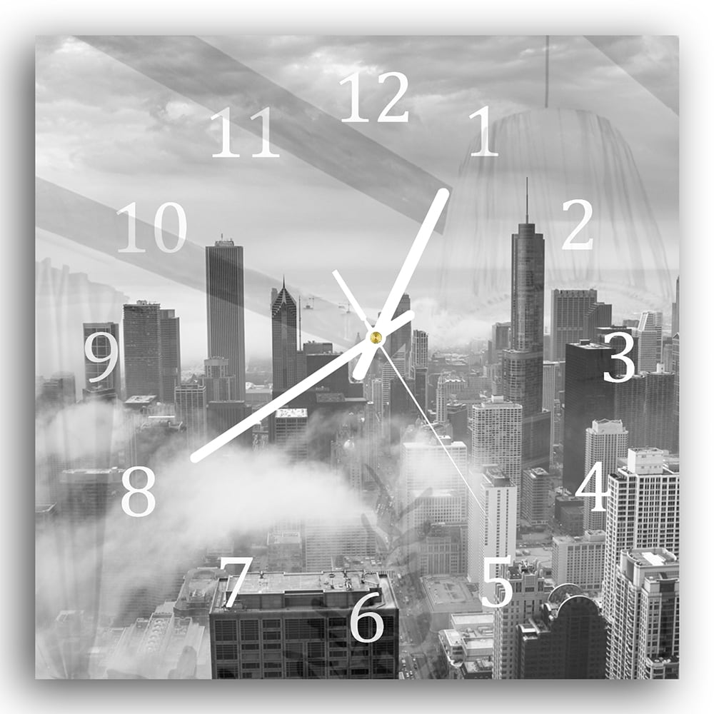 Wanduhr 30x30 - Chicago Skyline im Nebel