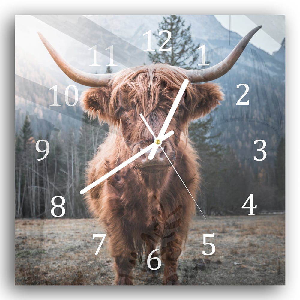 Wanduhr 30x30 - Schottisches Hochlandrind in den Dolomiten