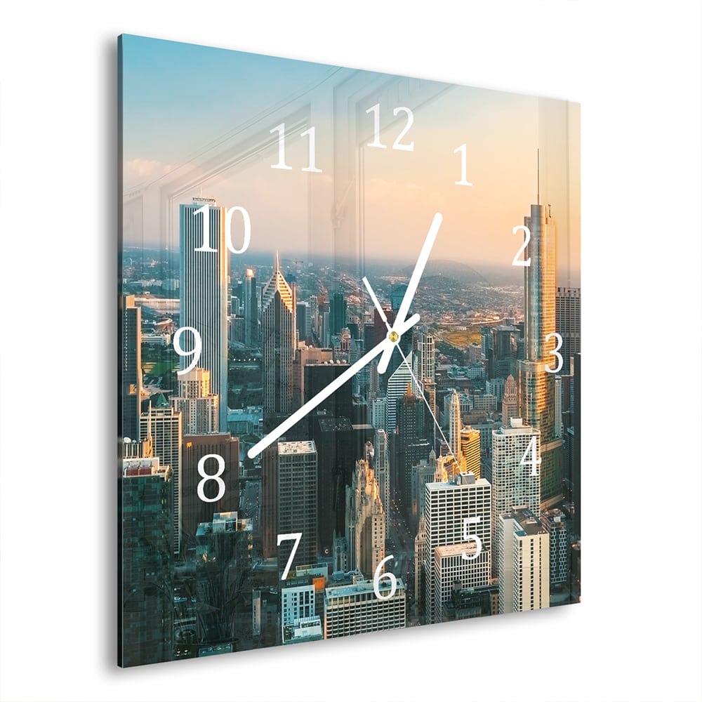 Wanduhr 30x30 - Chicago Skyline bei Sonnenuntergang