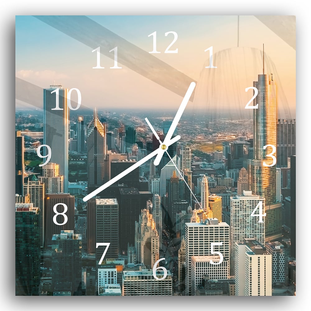 Wanduhr 30x30 - Chicago Skyline bei Sonnenuntergang