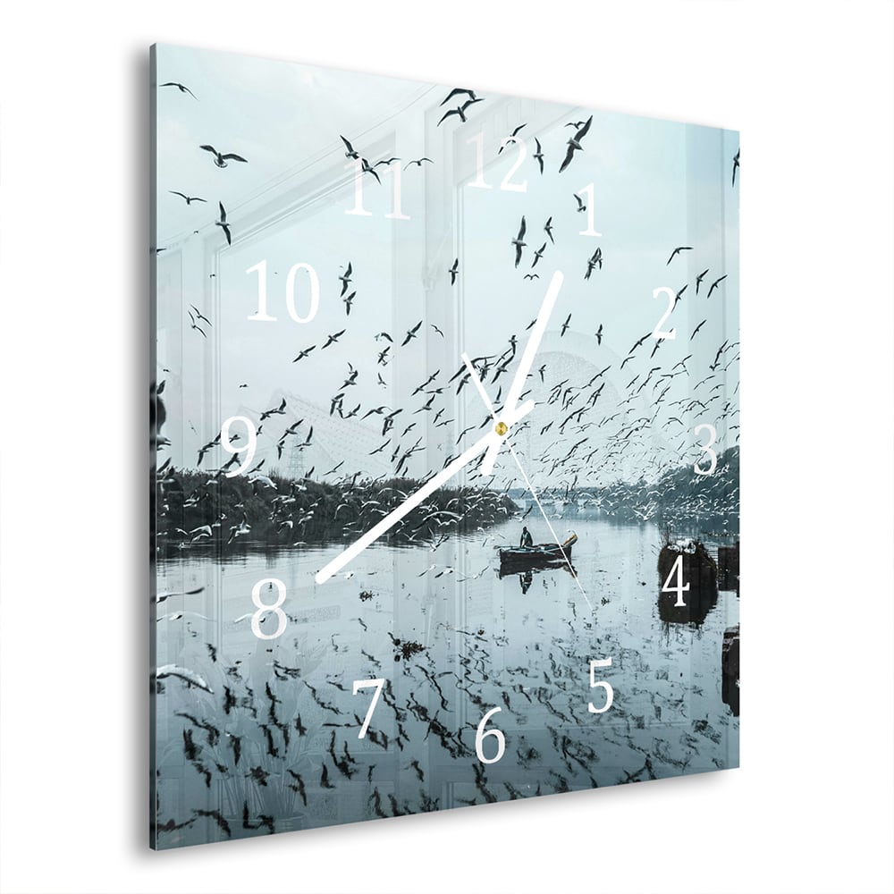 Wanduhr 30x30 - Vogel fliegt über Wasser