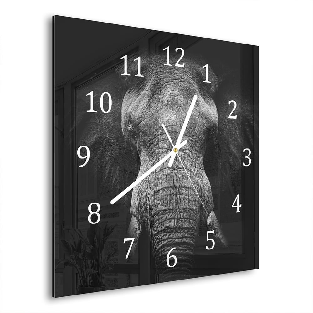 Wanduhr 30x30 - Schwarz/Weiß Elefant