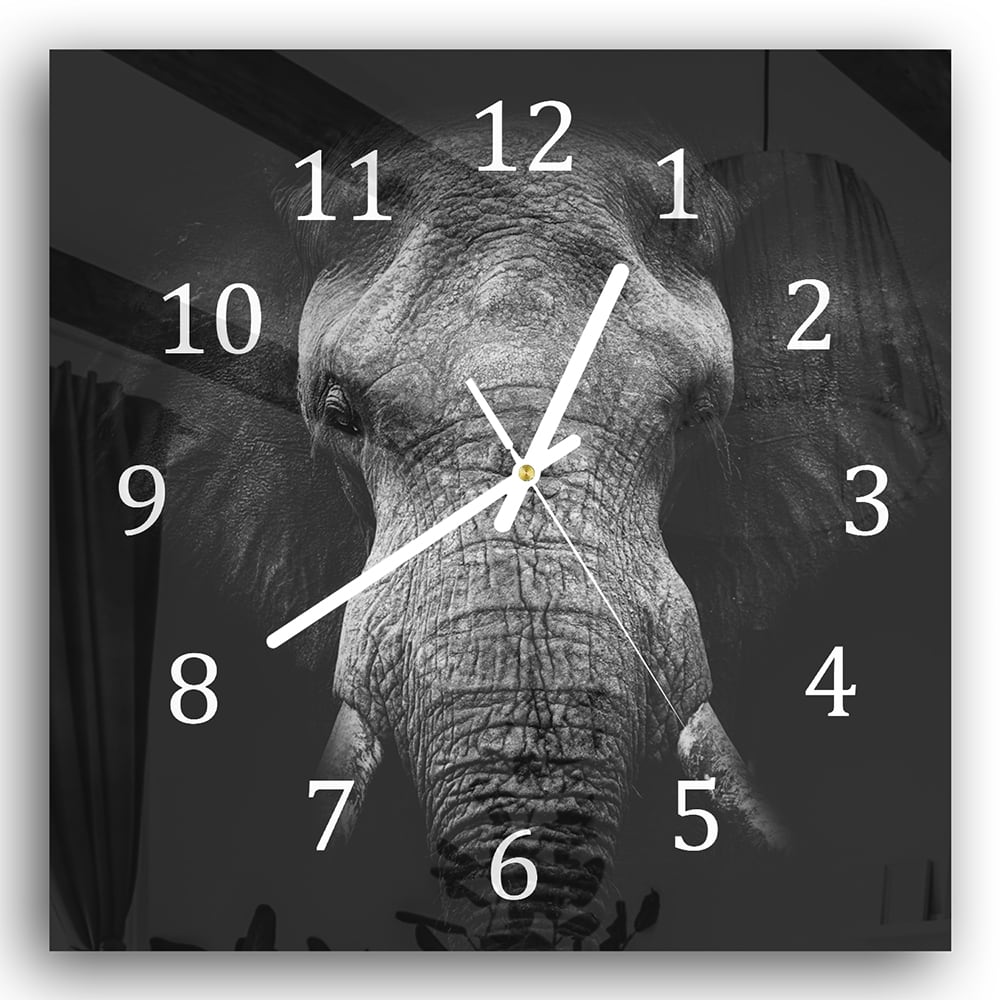 Wanduhr 30x30 - Schwarz/Weiß Elefant