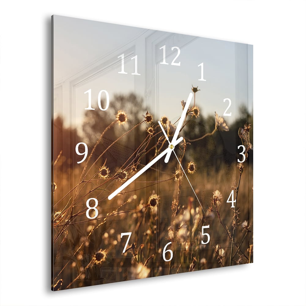 Wanduhr 30x30 - Sonnenuntergang auf der Wiese