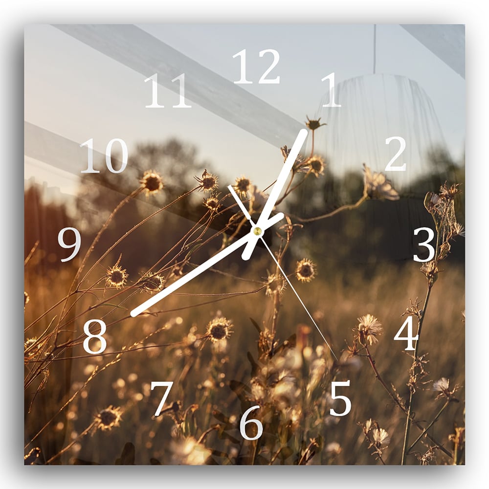 Wanduhr 30x30 - Sonnenuntergang auf der Wiese