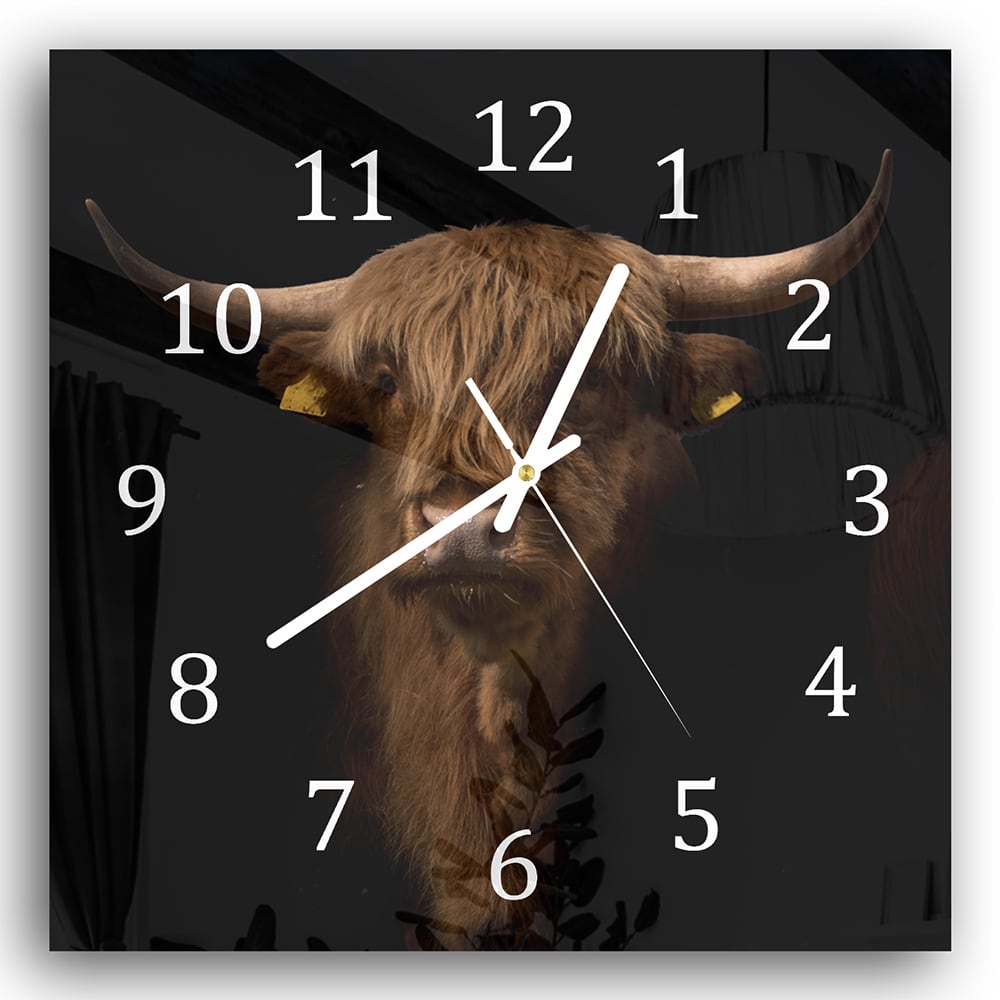 Wanduhr 30x30 - Schottisches Hochlandrind im Dunkeln