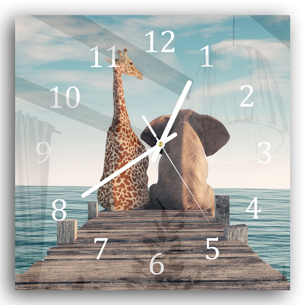 Wanduhr 30x30 - Giraffe und Elefant