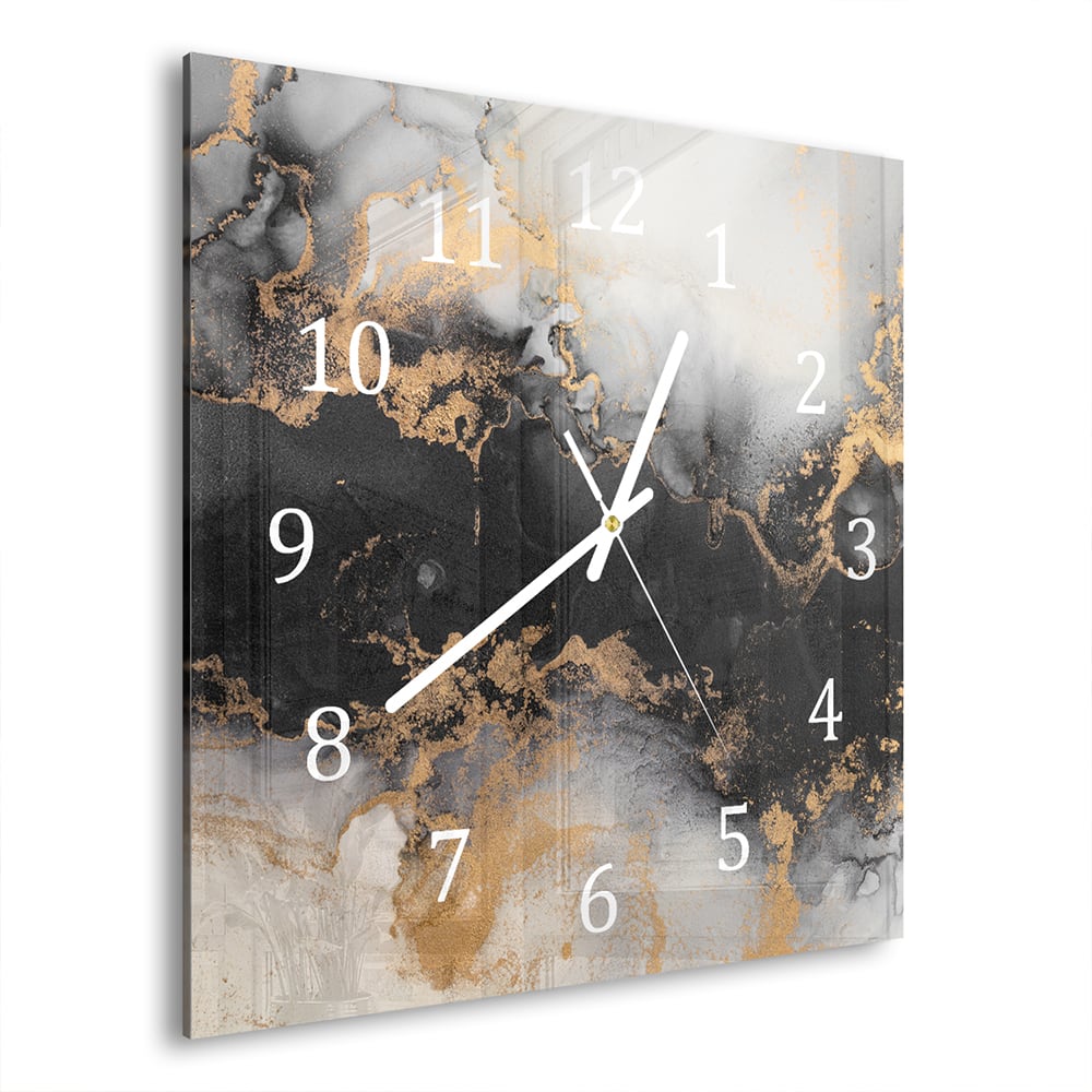Wanduhr 30x30 - Luxuriöser Schwarz-Gold-Marmor