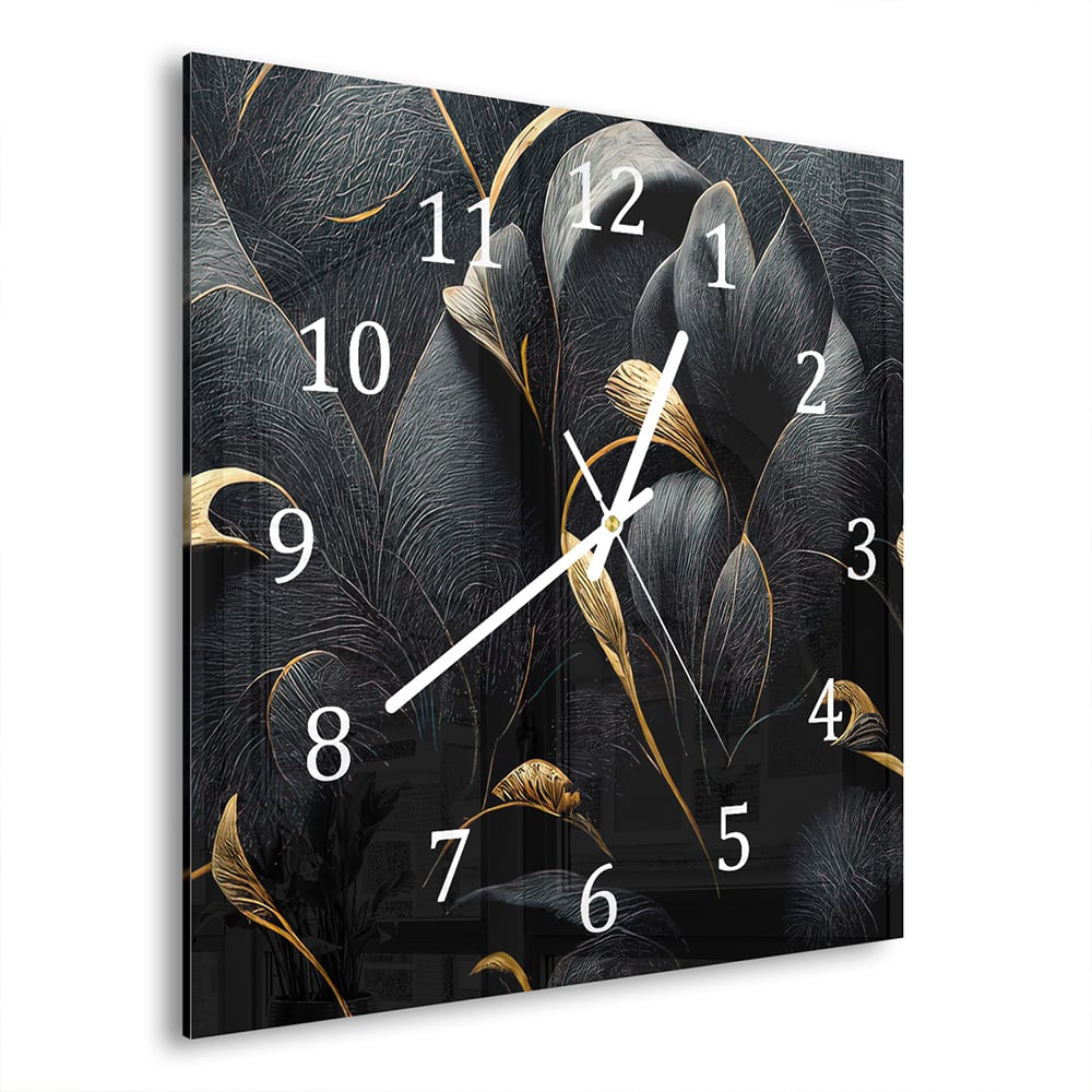 Wanduhr 30x30 - Luxuriöses Schwarz-Gold-Blumenmuster