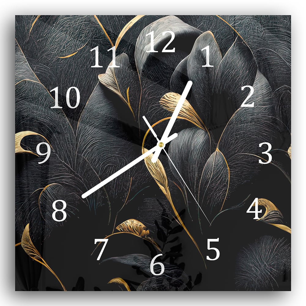 Wanduhr 30x30 - Luxuriöses Schwarz-Gold-Blumenmuster
