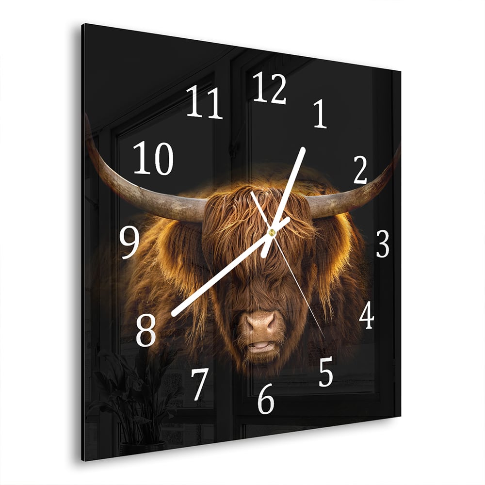 Wanduhr 30x30 - Schottisches Hochlandrind im Winter