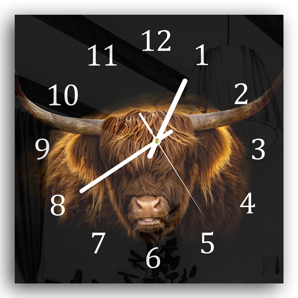 Wanduhr 30x30 - Schottisches Hochlandrind im Winter