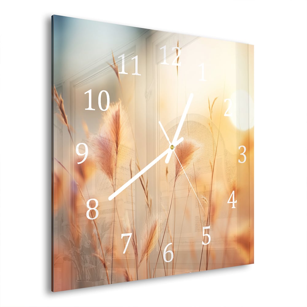 Wanduhr 30x30 - Sonnenuntergang im Grasfeld