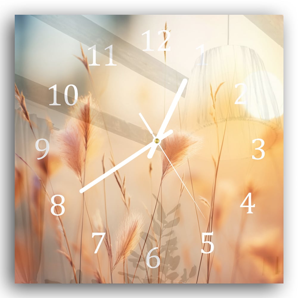Wanduhr 30x30 - Sonnenuntergang im Grasfeld