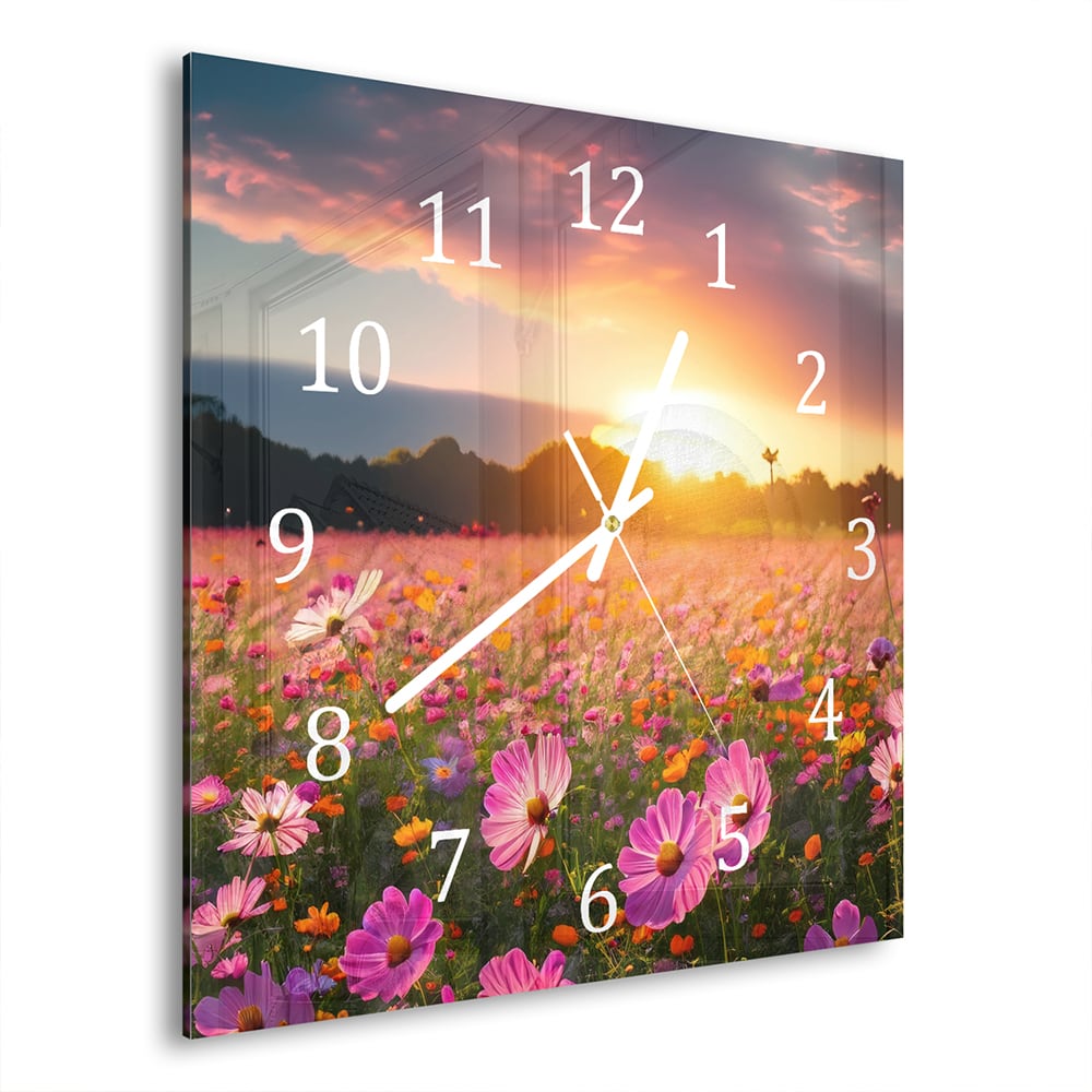 Wanduhr 30x30 - Sommerblumen bei Sonnenuntergang