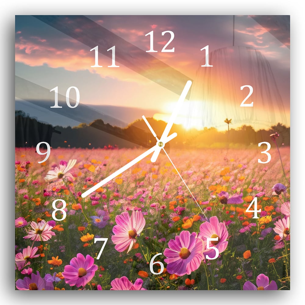 Wanduhr 30x30 - Sommerblumen bei Sonnenuntergang