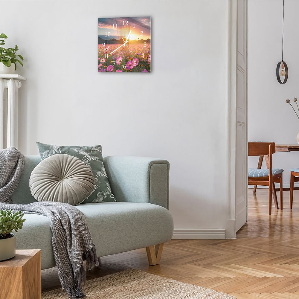 Wanduhr 30x30 - Sommerblumen bei Sonnenuntergang