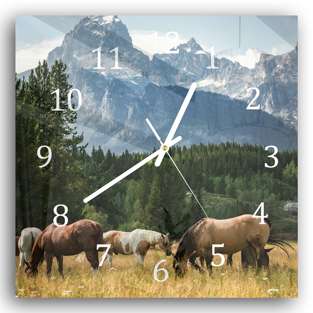 Wanduhr 30x30 - Weidende Pferde