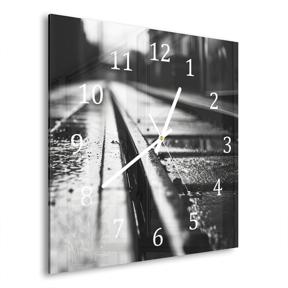 Wanduhr 30x30 - Schwarz-weiß Bahngleis